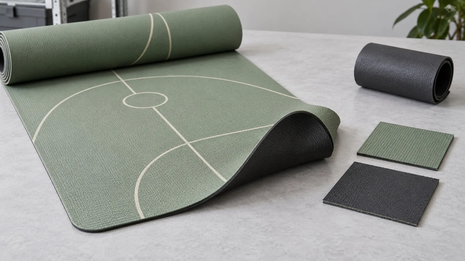 Bir üretim rotasını gösterecek şekilde düzenlenmiş baskılı yoga matı ve ayrı temel malzeme örnekleri