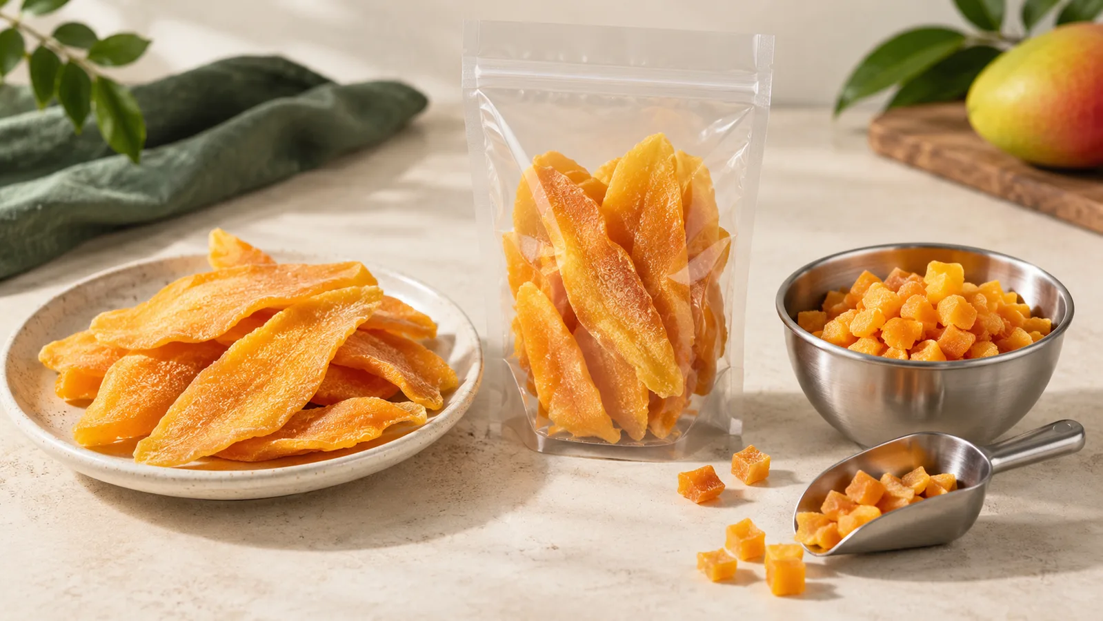 Kurutulmuş mango dilimleri ve doğranmış mangonun iki ürün spesifikasyonu olarak karşılaştırılması