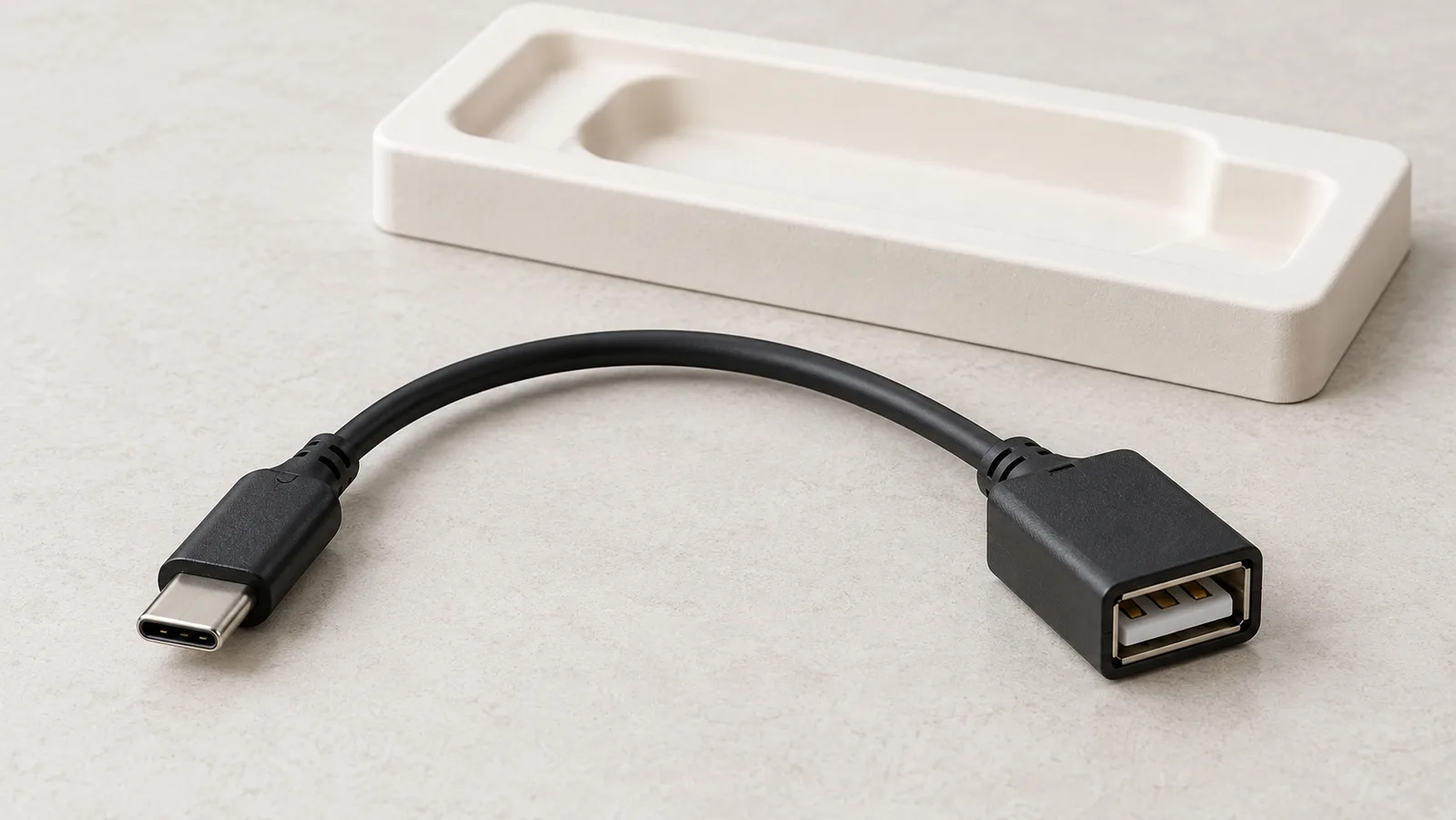 Her iki konnektör ucunun da nötr bir inceleme yüzeyinde görülebildiği genel bir USB adaptör kablosu