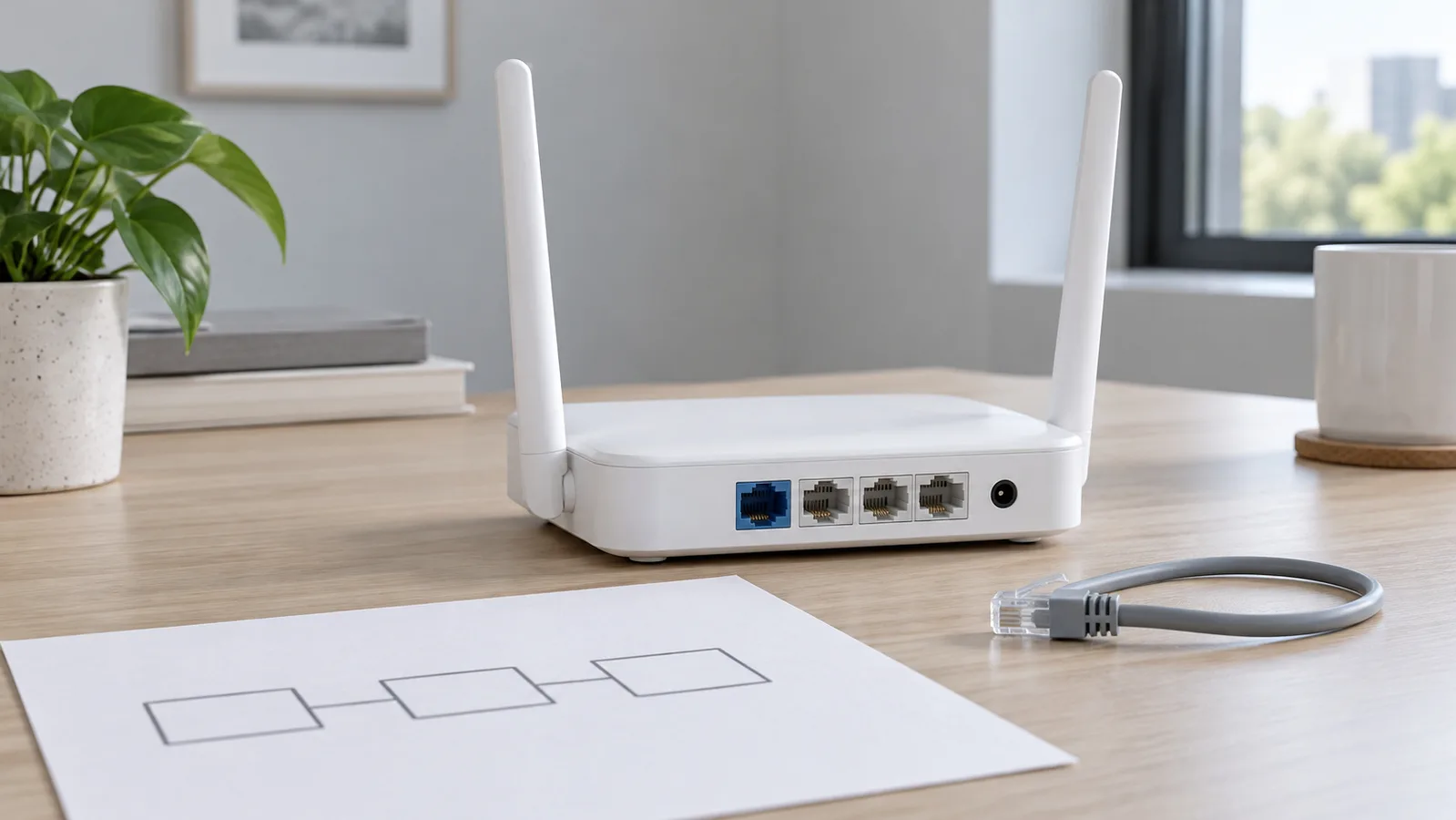 Basit bir ağ taslağının yanında görünür arka Ethernet bağlantı noktalarına sahip markasız beyaz masaüstü Wi-Fi yönlendirici