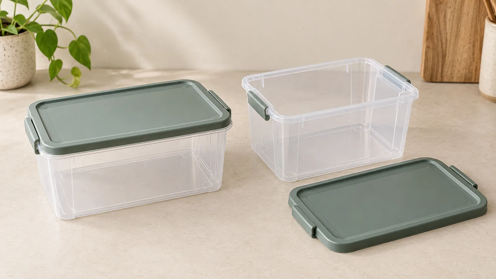 Kapağı kapalı ve iç kısmı açık şekilde gösterilen plastik saklama kutuları