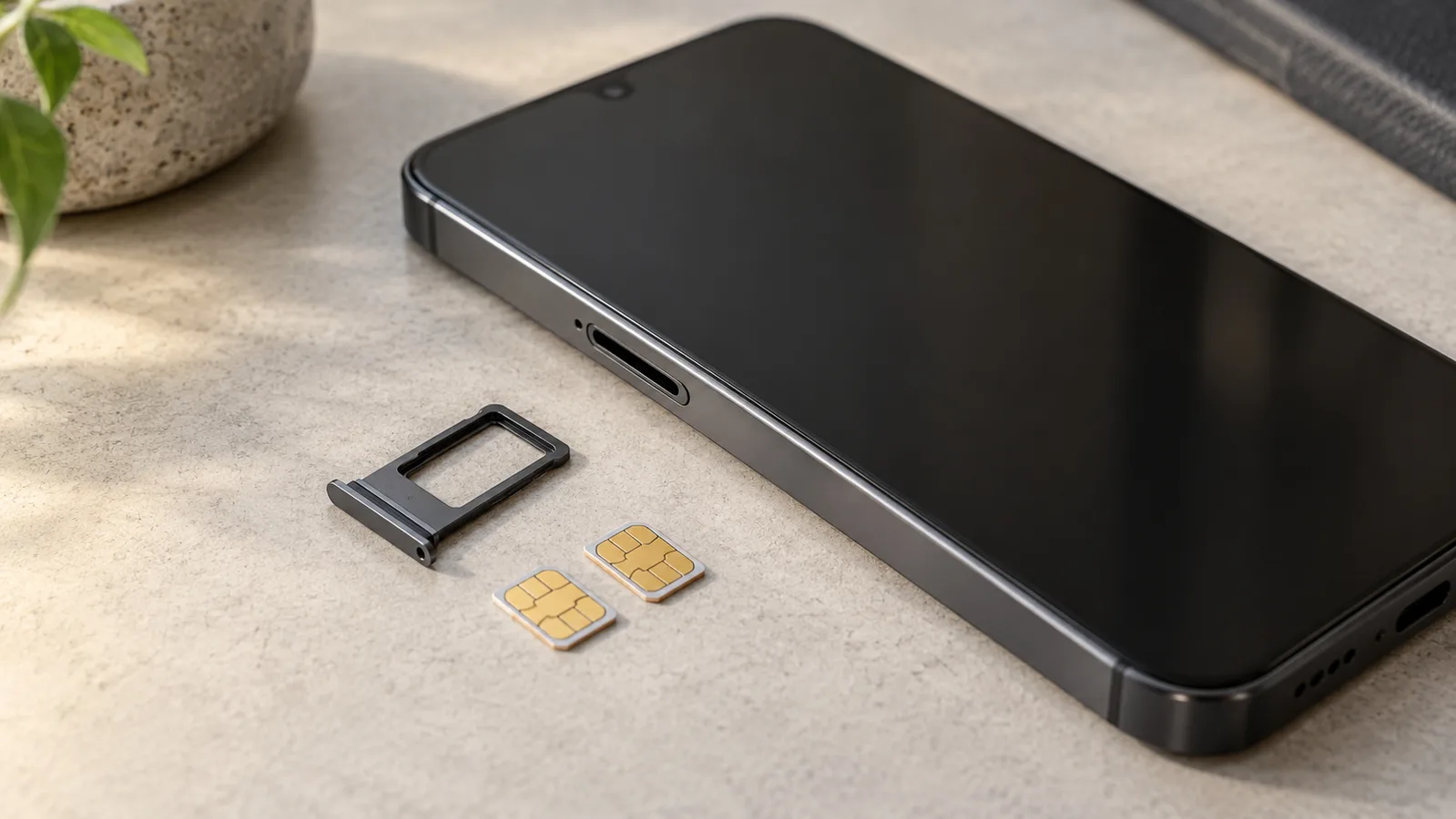 Ayrı bir SIM tepsisi ve iki SIM kartın yanında, fiziksel kart desteğini gösteren markasız akıllı telefon